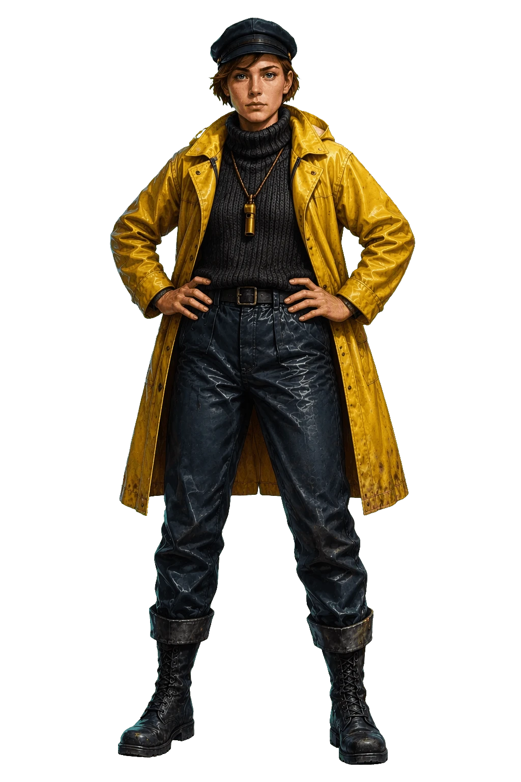 The same character in a confident pose, hands on her belt