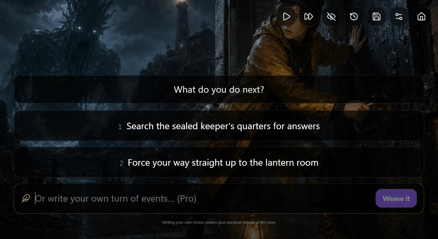 A choice screen in Loomtale with two options and a Pro line for writing your own turn of events